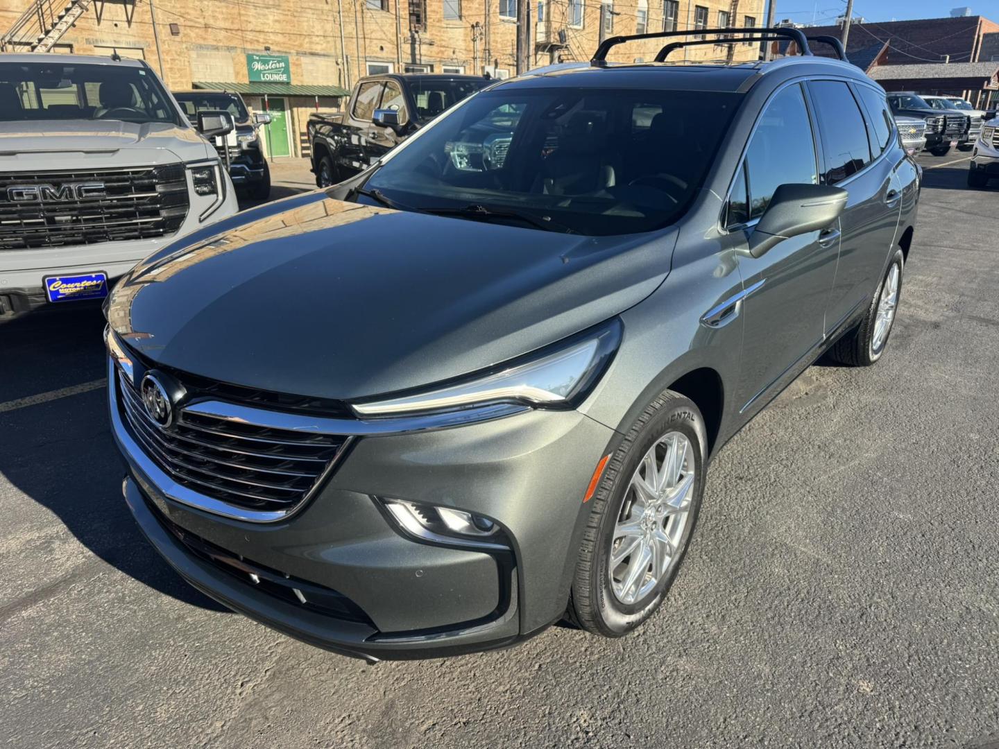2023 Green /Grey Buick Enclave Premium AWD (5GAEVBKWXPJ) with an 3.6L V6 DOHC 24V engine, 9A transmission, located at 116 5th Avenue South, Lewistown, MT, 59457, 47.063877, -109.427879 - **2023 Buick Enclave Premium AWD** — GM Lease Return, Clean One-Owner Car ax. This Enclave delivers that quiet, upscale ride Buick is known for, with room for the whole family and all the comfort features you expect in the Premium trim. Leather seating, heated and cooled front seats, heated second - Photo#0